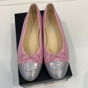 Chanel classic ballet flat.  Pink fabric and silver metallic.